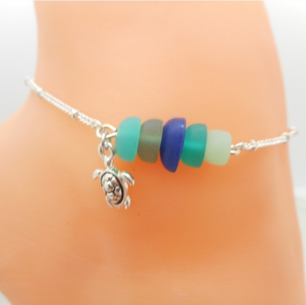 Turtle Bracelet Anklet Ankle Bracelet Hand Crafted Tumbled Sea Glass NEW